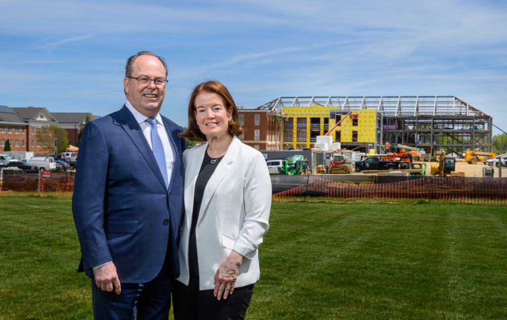 (PHOTO: Bill and Tish Slattery near the HealthEU construction site on the Elon University campus on April 9, 2026. Contributed.)