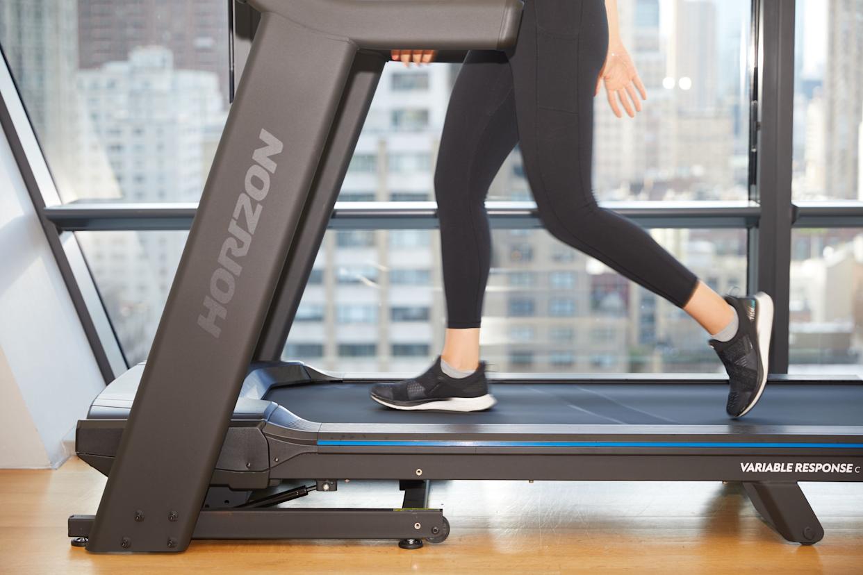 sassos testing out the running belt on a horizon fitness treadmill