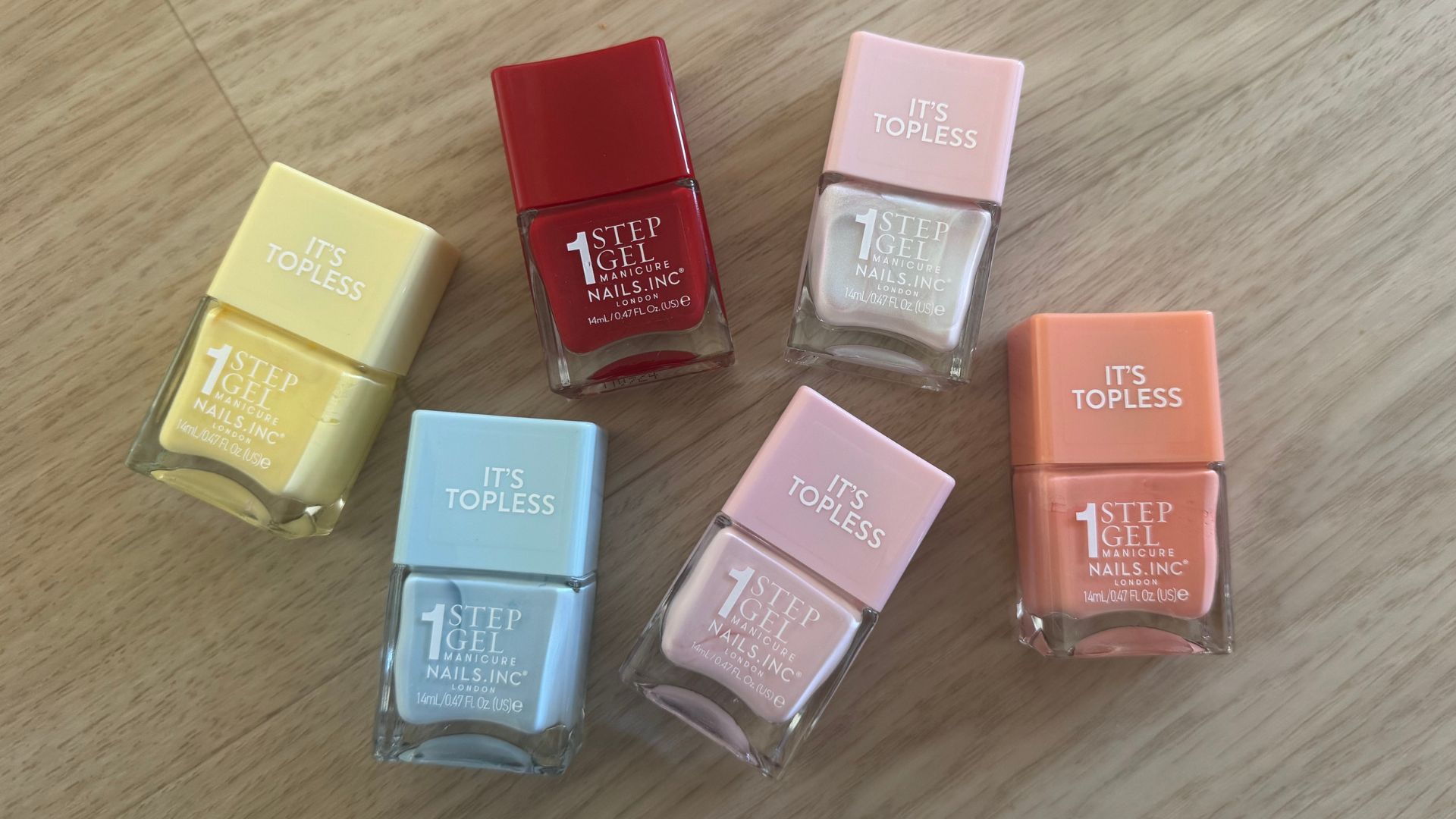 a selection of shades of Nails in 1 step gel it's topless nail polish