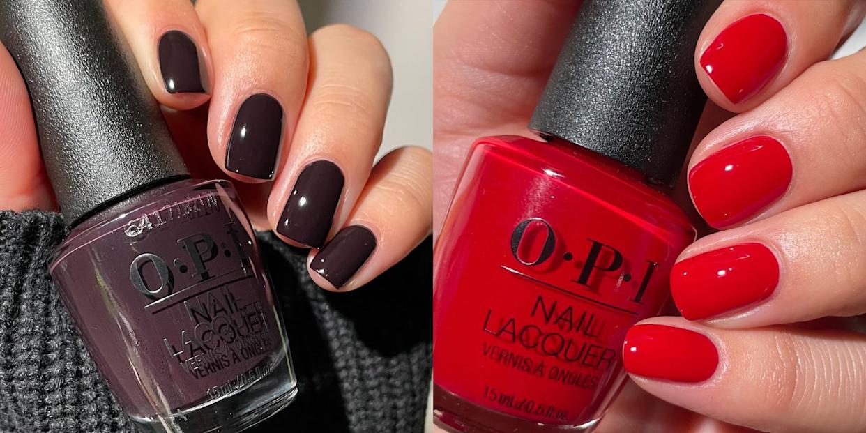 Nail polishes in dark purple and red shades held in hands.