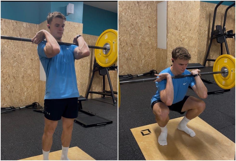 Demonstration of a front squat exercise in a gym setting demonstration of a front squat exercise in a gym setting
