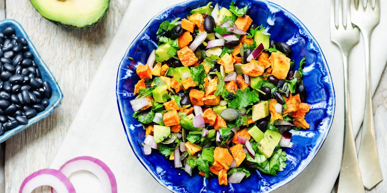 foods high in potassium - Roasted sweet potato black bean pepita avocado salad