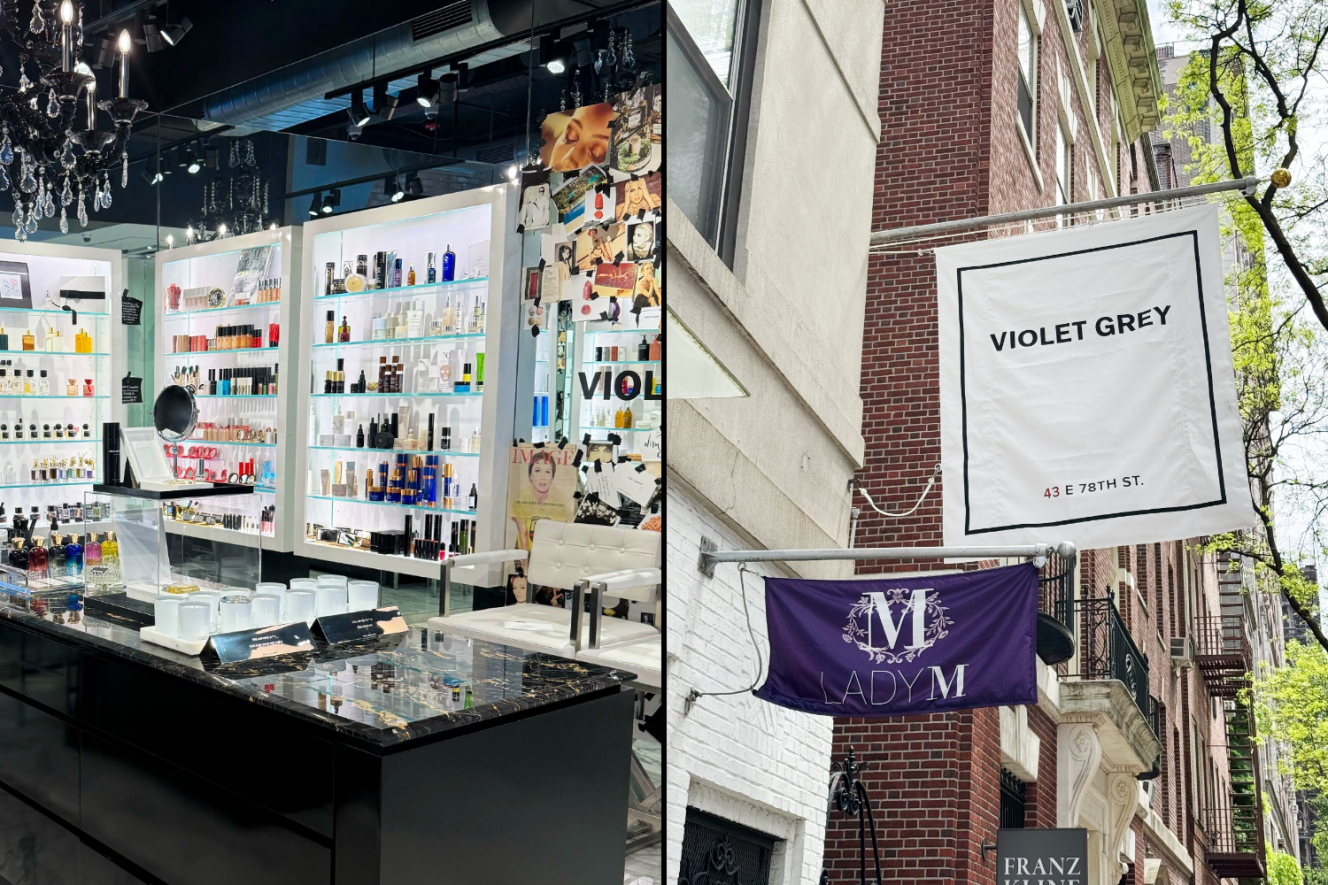 Collage of Violet Grey beauty store interior and its exterior banner.