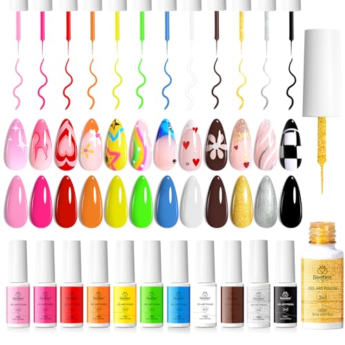 Beetles Nail Art Polish Set- 12 Colors 2 in 1 Gel Nail Polish, Pink Blue Purple Brown Black Gel Liner Polish Soak Off Nail Art Design Set, Nail Brush for Nail Painting for Women