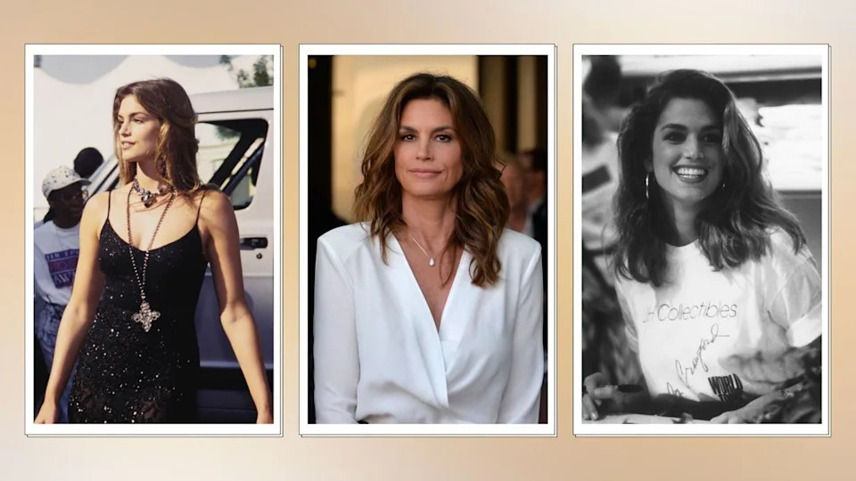  Three images of Cindy Crawford attending different events across the years, on a purple watercolour background. 