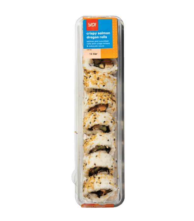 sushi roll packaging displaying crispy salmon dragon rolls