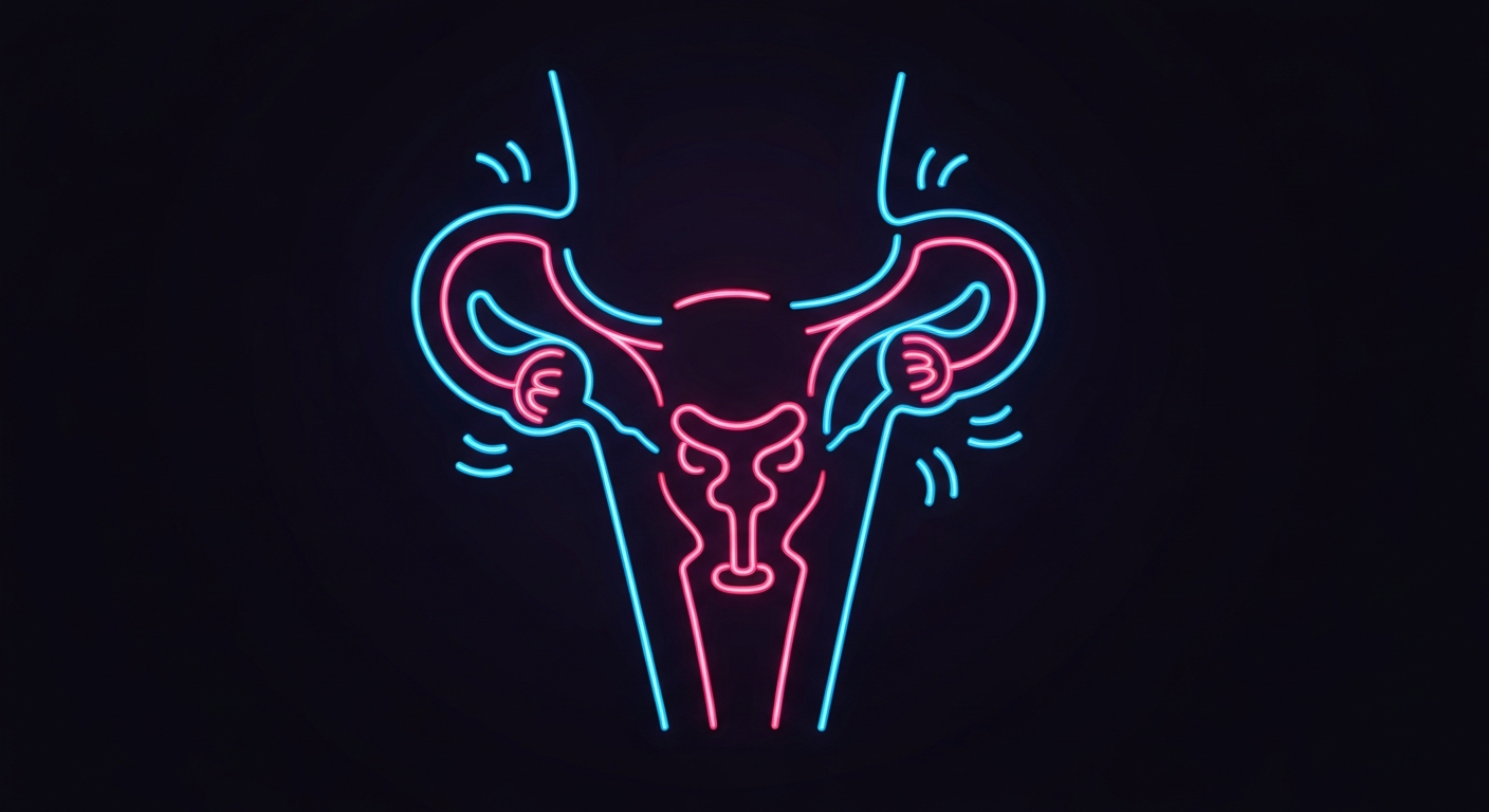 A vibrant, minimalist illustration in neon lines depicting the female reproductive system, conceptually representing the new Her Balance Vaginal Probiotic Gummies from Black Girl Vitamins.