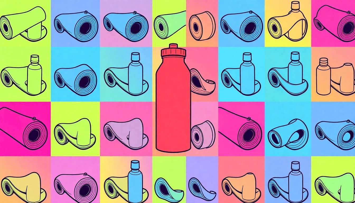 A grid of brightly colored, high-contrast silkscreen images of a yoga mat, repeated in a bold, neon color palette to create a modern, abstract pop art representation of wellness and fitness.