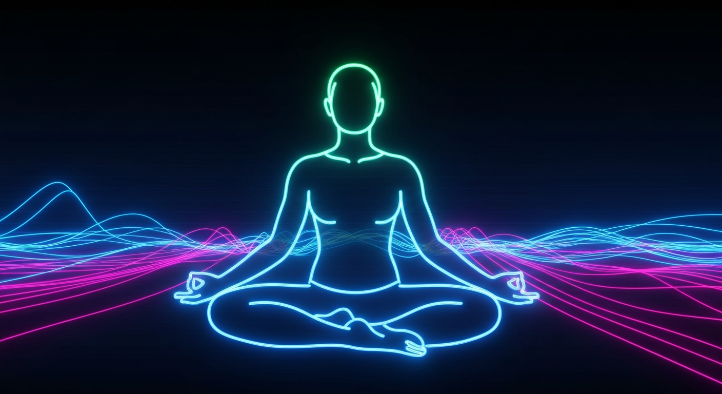 A minimalist illustration of a person in a yoga pose, defined by glowing neon lines against a dark background with pulsing, colorful energy, conceptually representing the holistic wellness activities at the VCSU event.