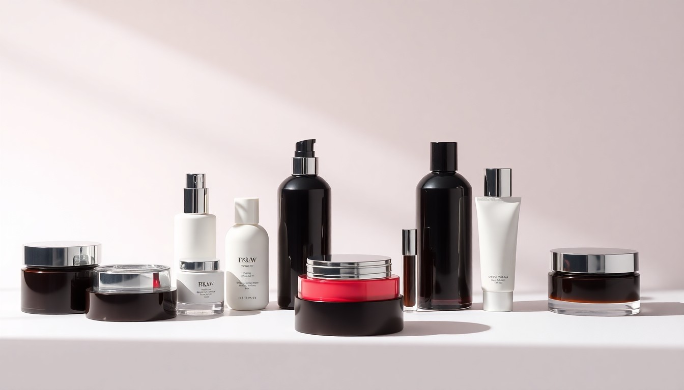 A high-end, photorealistic studio still-life photograph featuring a collection of premium beauty products arranged elegantly on a clean, monochromatic seamless background, using dramatic lighting and shadows to conceptually represent the evolving beauty industry.