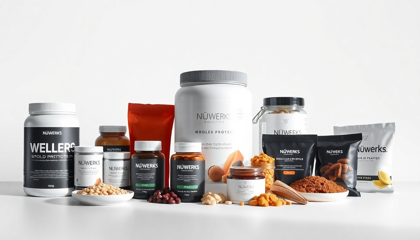 A minimalist studio still life photograph featuring an elegant arrangement of premium wellness products including protein powder, supplements, and functional snacks, all shot against a clean white background with dramatic lighting to convey a sense of quality and innovation.