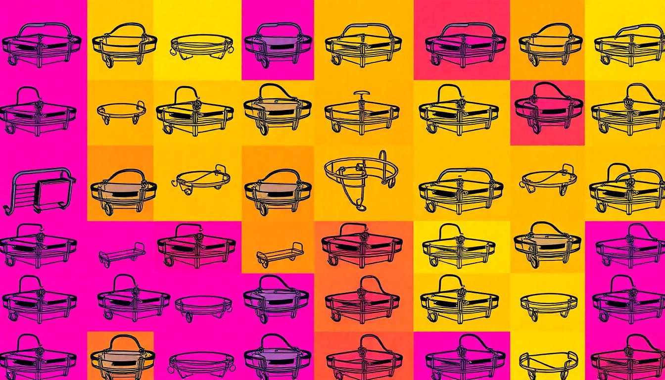 A brightly colored, high-contrast silkscreen print of a Pilates ring repeated in a tight grid pattern, rendered in a bold, neon color palette with heavy black outlines in the style of Andy Warhol, conceptually representing the unexpected physical sensations that can arise during certain fitness exercises.