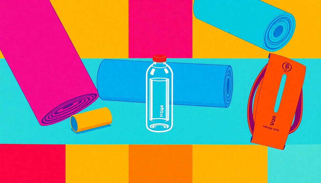 A vibrant, pop art-inspired illustration featuring repeated images of wellness-related objects like a yoga mat, water bottle, and exercise band, conceptually representing the center's focus on physical and mental well-being.