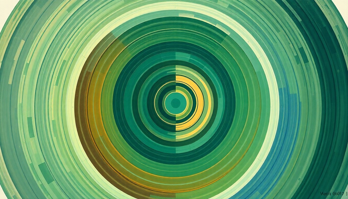 A highly structured abstract painting in muted earth tones, featuring sweeping geometric arcs, concentric circles, and precise botanical spirals, conceptually representing the complex scientific forces involved in preserving Vitamin D in fish during long-distance transport.