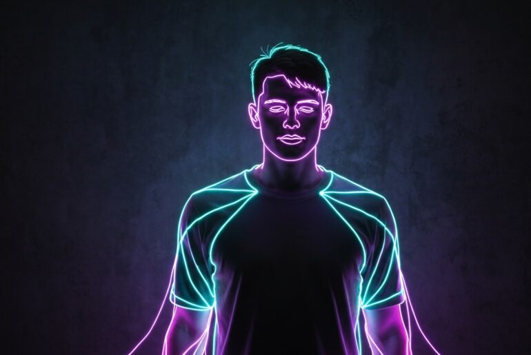 A minimalist design in the style of Keith Haring, where a human figure in a yoga pose is defined entirely by glowing, vibrant neon lines against a deep, dark background, emphasizing the shape and energy of the pose.