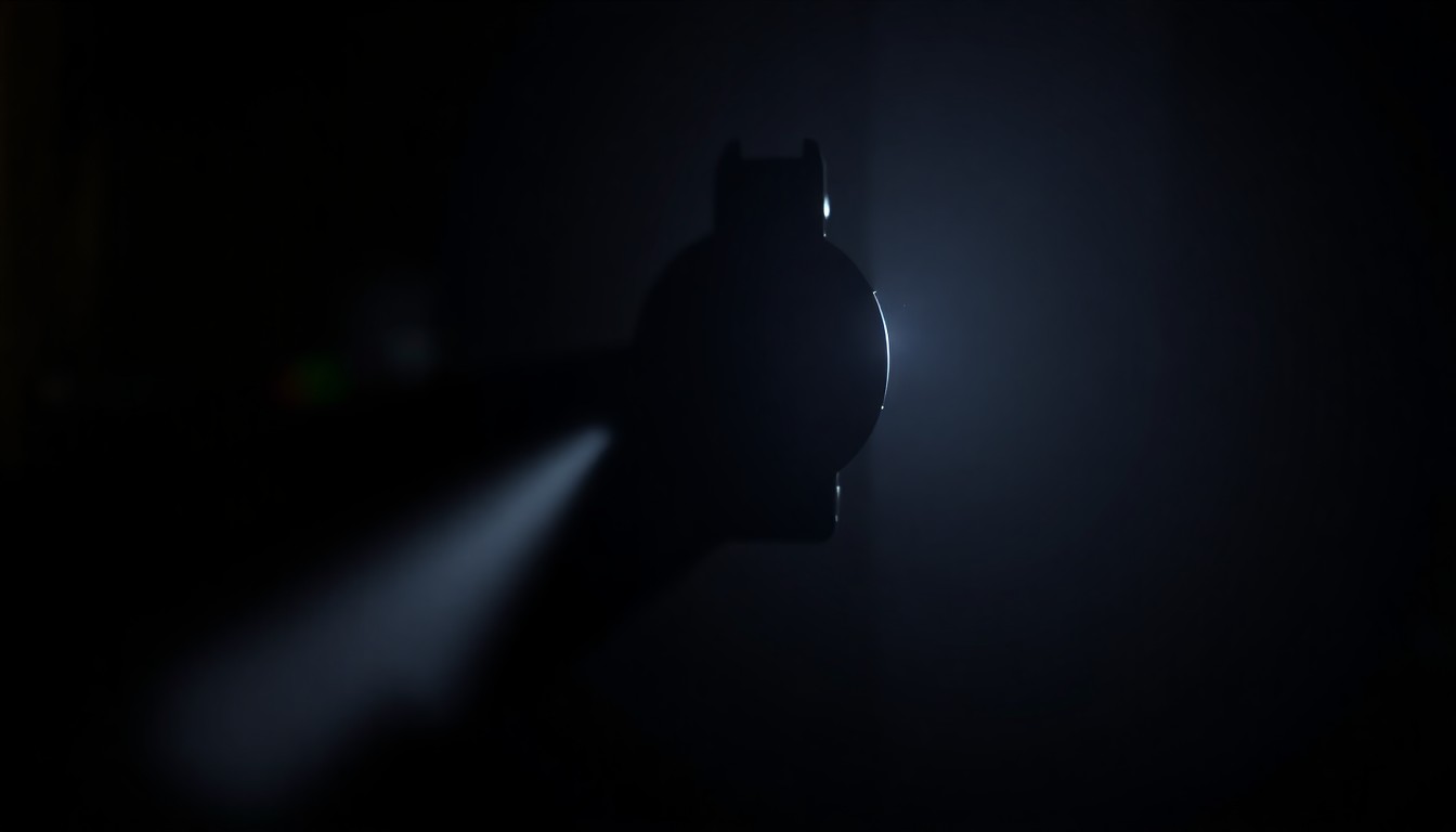 An extreme close-up photograph of a gun trigger mechanism, the metal parts and mechanisms sharply illuminated against a pitch-black background, creating a stark, gritty, investigative aesthetic.