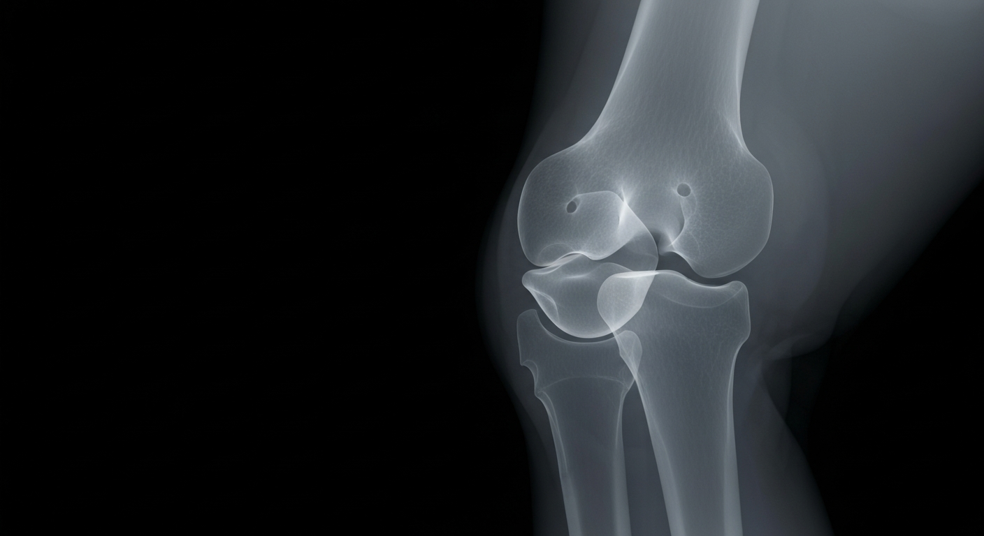 A ghostly, translucent X-ray image revealing the internal structure of a human knee joint, conceptually representing the guide's focus on joint health and longevity-based fitness.