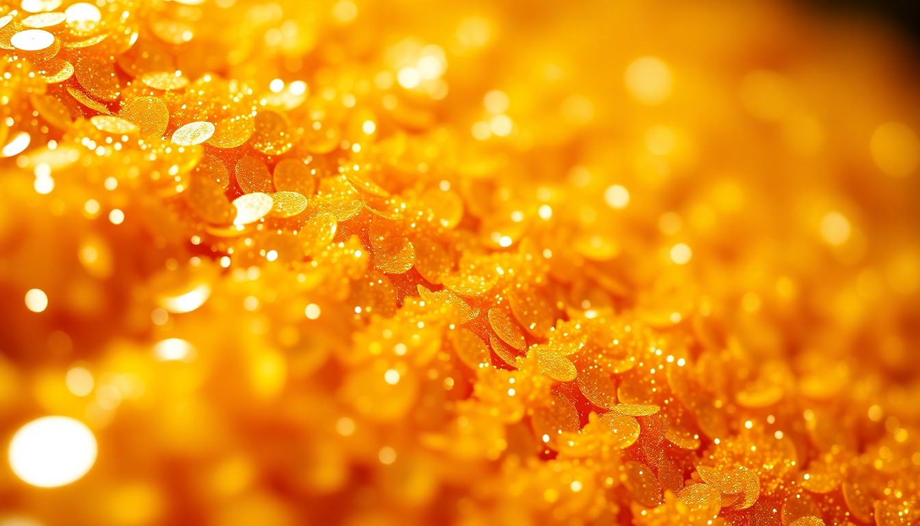 An extreme close-up of shimmering, glittering citrus-colored sequins, captured in dramatic, high-contrast studio lighting to create a luxurious, high-fashion aesthetic.