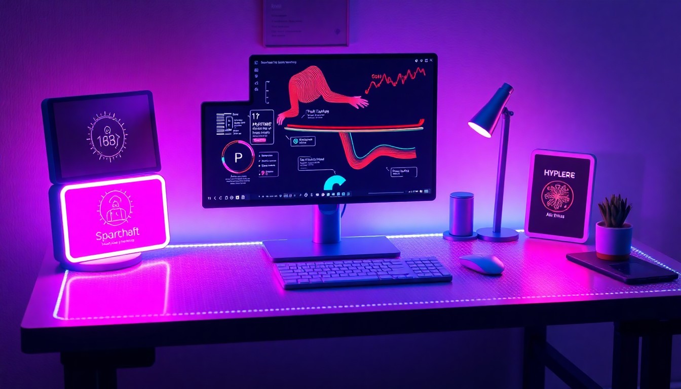 A highly detailed, glowing 3D illustration of a smart desk with various sensors and tracking devices, representing the integration of technology in modern workplace wellness programs.