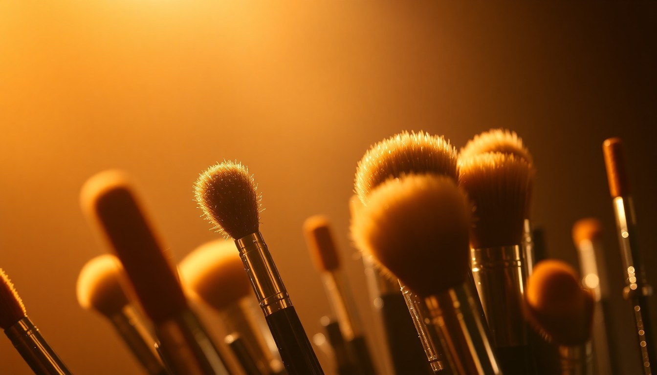 An abstract close-up photograph of makeup brushes and applicators covered in shimmering, glittering textures, capturing the high-fashion and celebrity-driven aesthetic of the music industry.