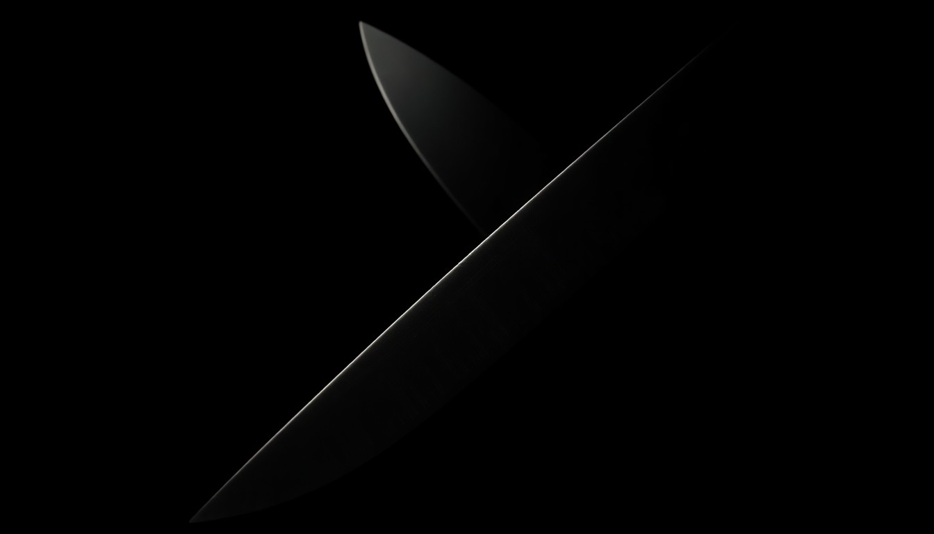 An extreme close-up of a sharp knife blade, the harsh lighting and dark background creating a stark, gritty, and investigative aesthetic to conceptually represent the violent incident at the gym.