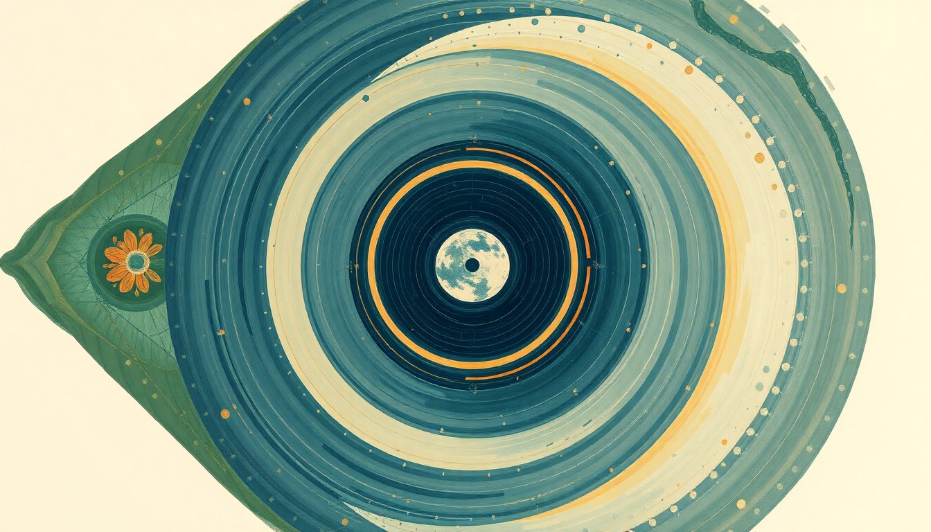 A highly structured abstract painting in soft, earthy tones of blue, green, and orange, featuring sweeping geometric arcs, concentric planetary circles, and precise botanical spirals, conceptually representing the Artemis II spacecraft's journey to the moon.