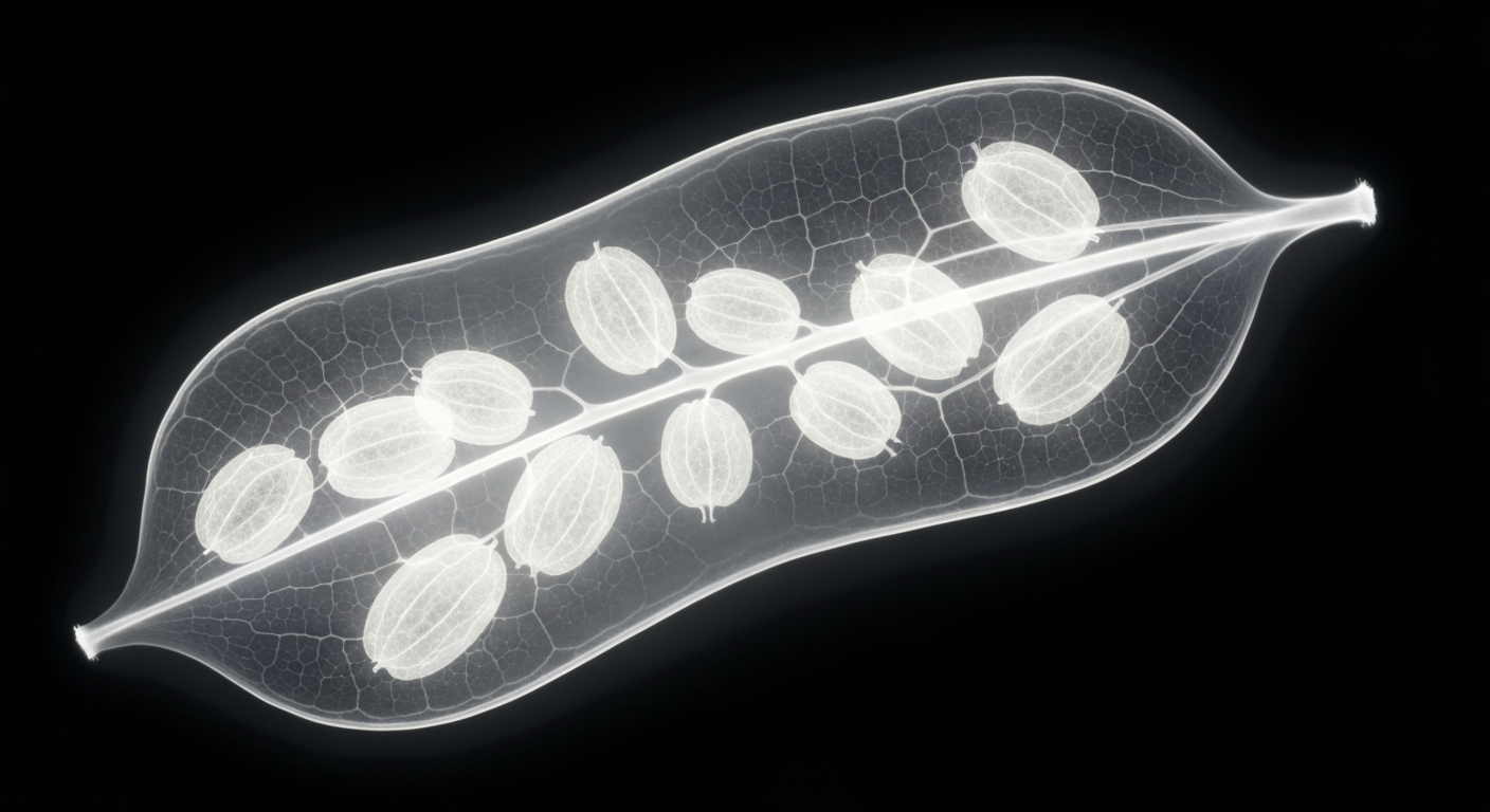 A translucent X-ray photograph revealing the intricate internal structure of a psyllium husk seed pod, conceptually illustrating the key ingredient in the ColonBroom fiber supplement.