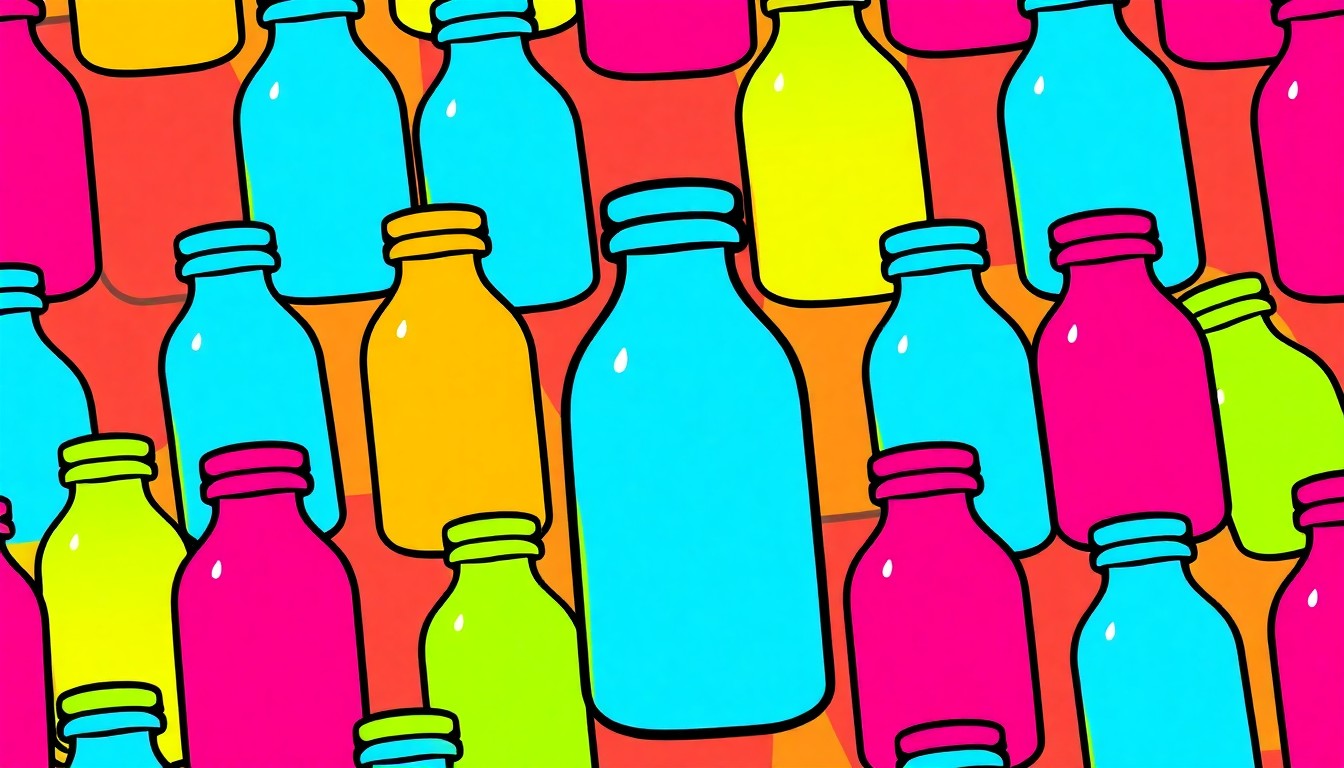 A high-contrast silkscreen print of a single, iconic kefir bottle repeated in a tight grid pattern, using vibrant neon colors and heavy black outlines to transform the everyday wellness product into modern pop art.