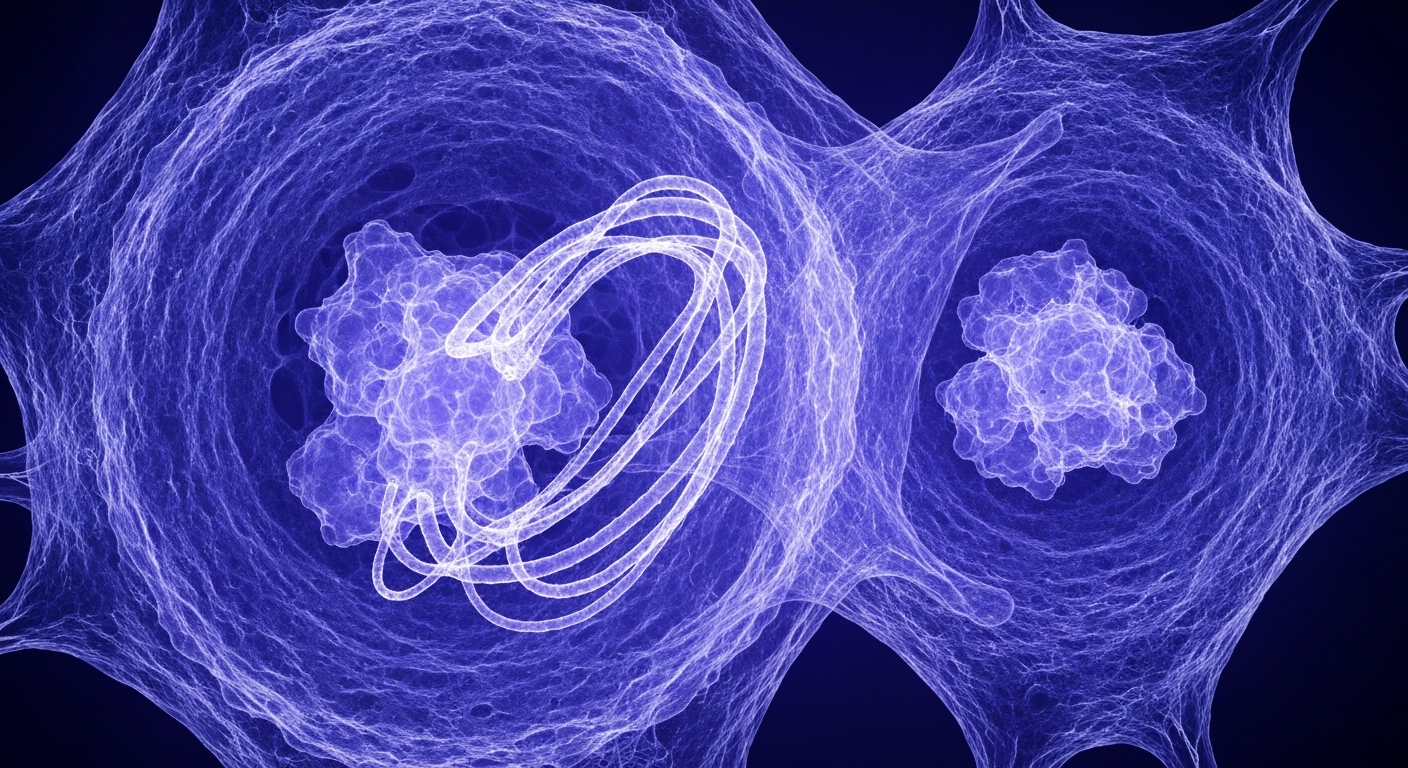 An extreme close-up X-ray photograph revealing the intricate internal structure of an inflamed immune cell, with glowing lines representing the key proteins involved in triggering harmful inflammation.
