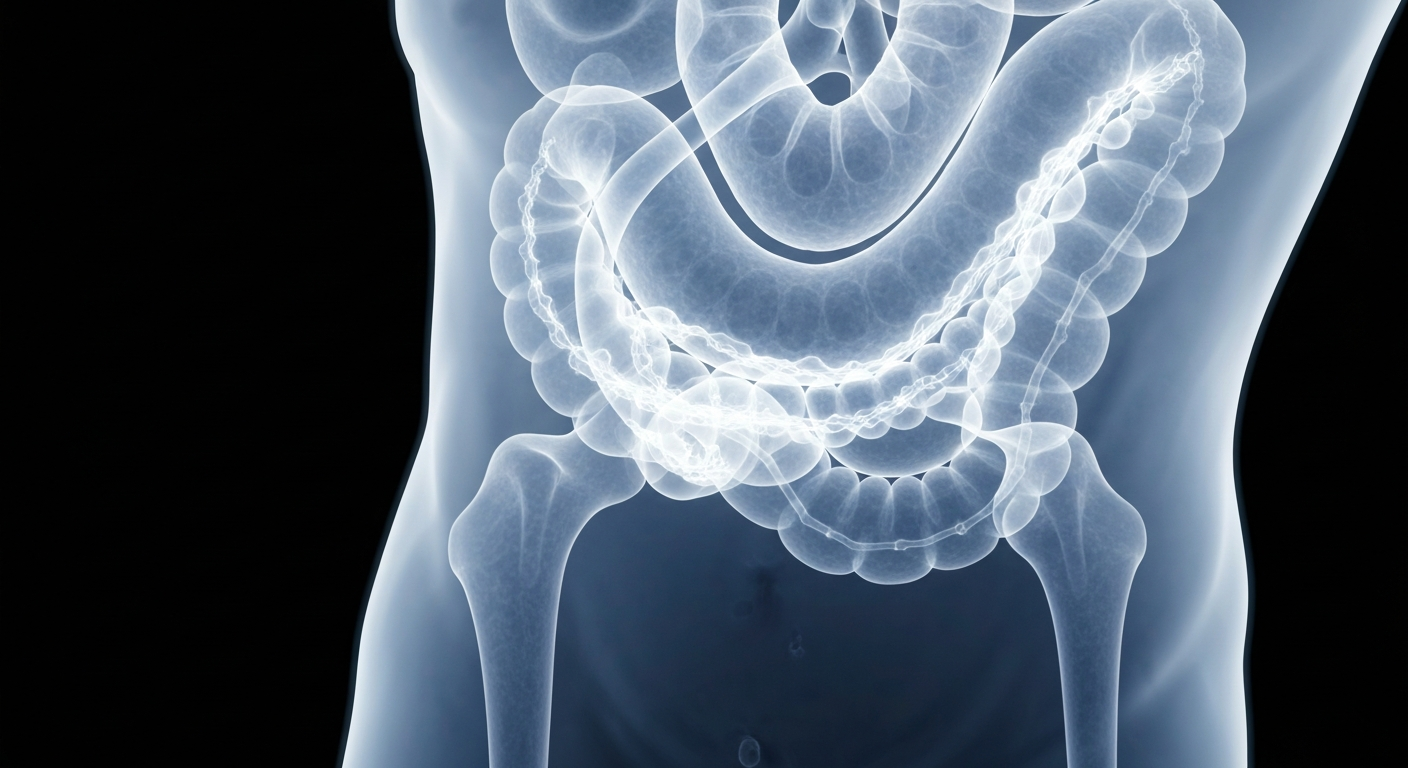 A translucent, ghostly X-ray-style photograph showing the internal structure of the human gut, with faint glowing lines representing the depletion of ILC3 immune cells due to a high-fat diet, conveying the concept of how dietary changes can rapidly disrupt critical gut defenses.