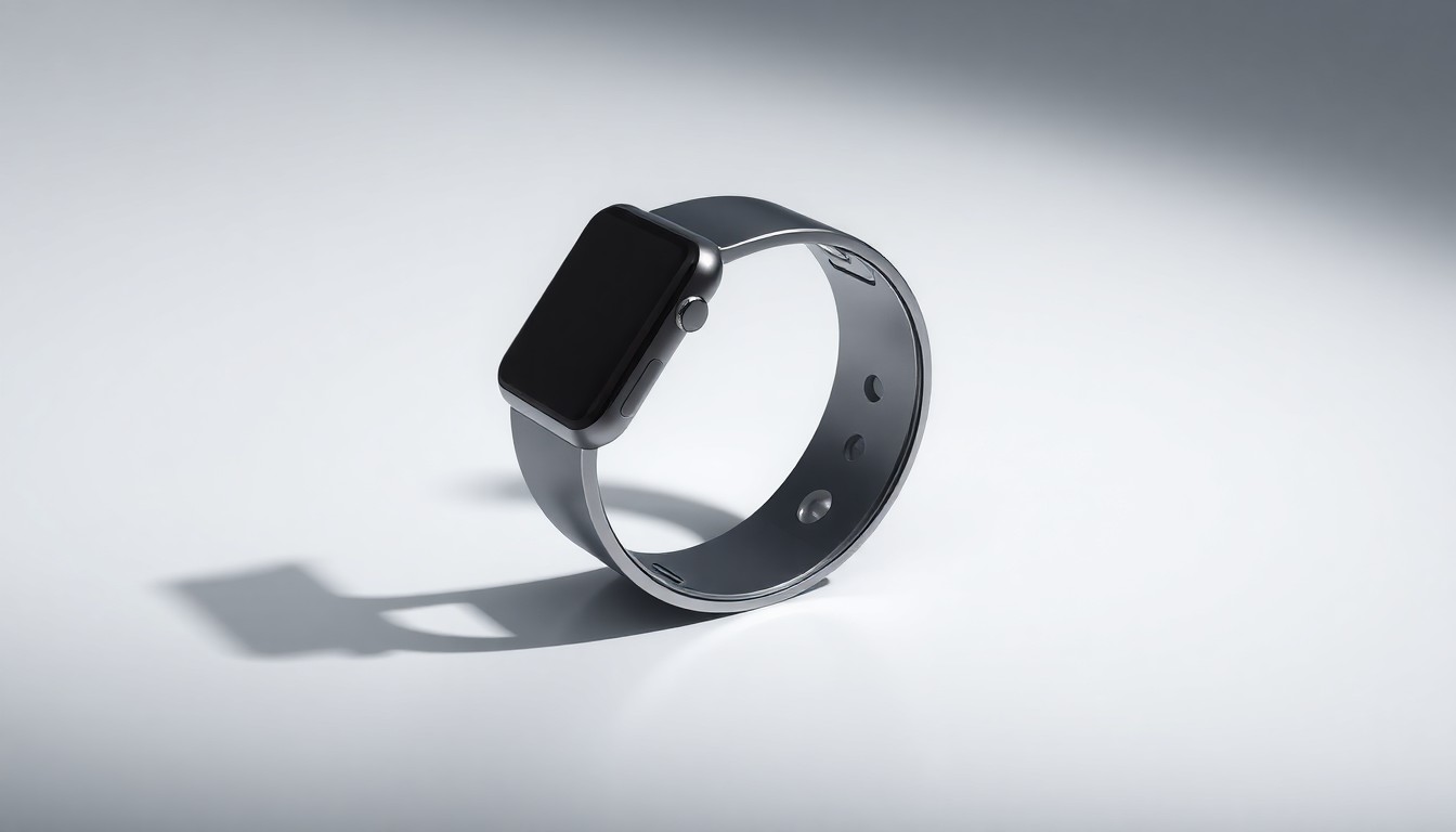 A close-up photograph of a sleek, modern fitness tracker or smartwatch device made of polished metal and glass, resting on a clean, monochromatic background and dramatically lit to highlight the precision and innovation of iFIT's connected fitness technology.