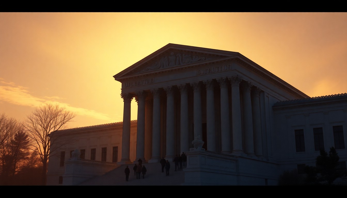 A photorealistic painting of the exterior of the Supreme Court building in Washington, D.C., with the iconic columns and dome bathed in warm, golden sunlight and deep shadows, conveying a sense of political tension and uncertainty.
