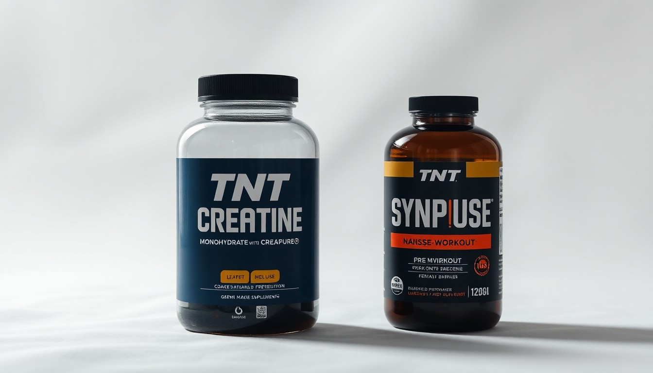 A minimalist, photorealistic studio still life featuring a glass jar of creatine powder and a bottle of pre-workout supplement, arranged elegantly on a clean, white background to symbolize the precision and quality of the German-made TNT products.