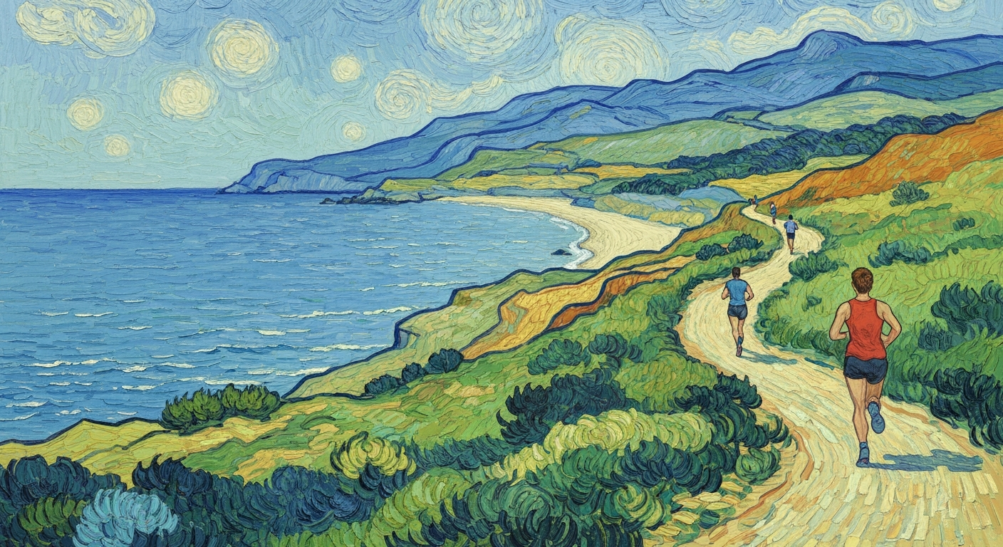 A textured oil painting in the style of Vincent Van Gogh, depicting runners on a winding coastal trail overlooking the sea, capturing the adventurous spirit of a fitness-focused vacation.