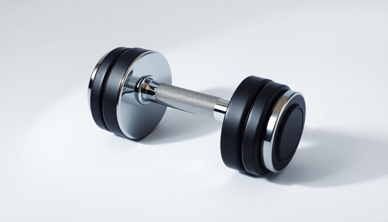A photorealistic studio still-life photograph featuring a sleek, modern dumbbell made of polished chrome and black rubber, resting on a clean, white seamless background with dramatic studio lighting casting deep shadows, conceptually representing the strength and solidity of EoS Fitness' growth strategy.