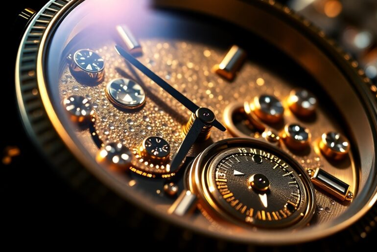 An abstract close-up photograph showcasing the intricate textures and dramatic lighting of luxury materials like velvet, sequins, and crystal, conveying a sense of glamour and sophistication.