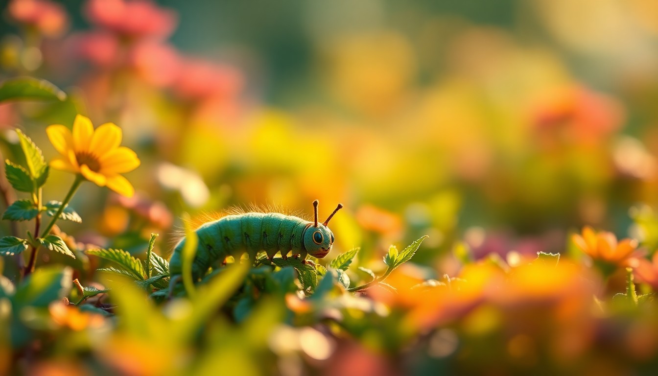 An extremely abstracted, out-of-focus photograph of a caterpillar crawling through a vibrant, blurred garden scene, capturing the warm, dreamlike mood of the children's book's message about inner beauty.