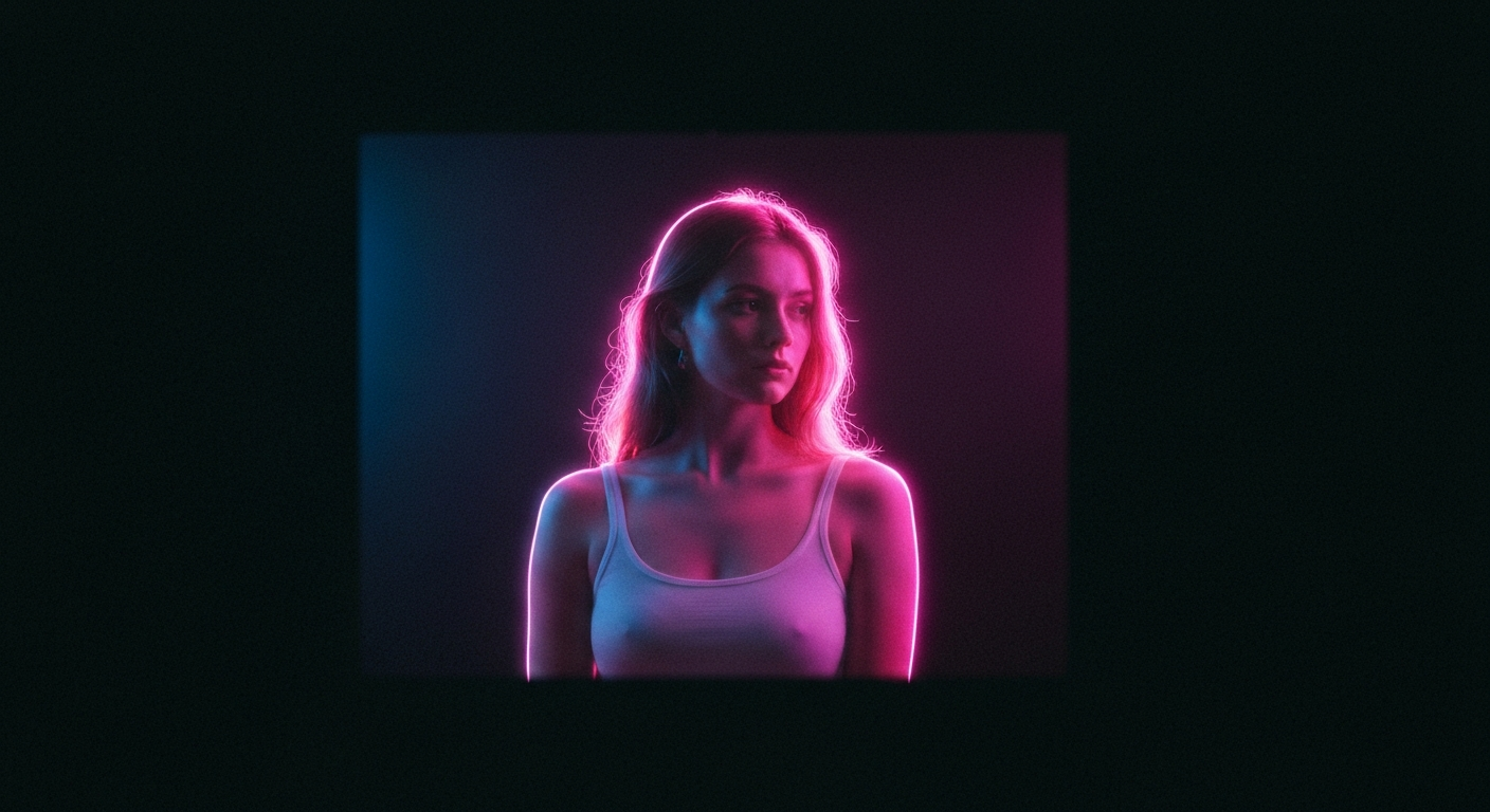 A minimalist illustration in the style of Keith Haring, featuring a glowing neon outline of a woman's face with subtle floral elements, conveying a sense of tranquility and self-care.