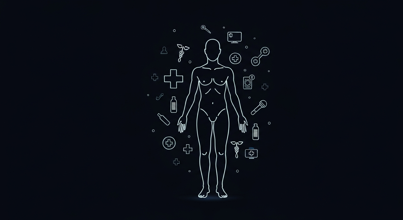 A vibrant, neon-outlined figure representing the human body, surrounded by various medical icons and symbols, conveying the comprehensive and personalized nature of the Medicare Annual Wellness Visit.