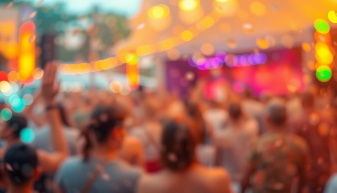 An extremely blurred and abstracted photograph depicting a lively outdoor festival scene, with soft pools of warm, vibrant colors that evoke a sense of community and celebration.