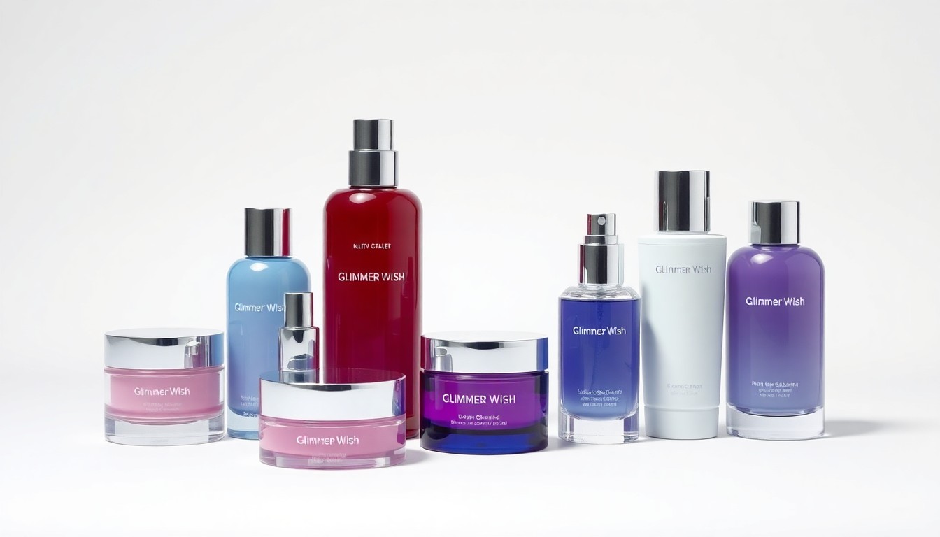 A high-end, photorealistic studio still-life photograph featuring a collection of Glimmer Wish beauty products arranged elegantly on a clean, white seamless background. The products are made from polished, premium materials and geometric shapes, using sharp, dramatic studio lighting and deep shadows to represent the brand's focus on clean, safe formulas for children.