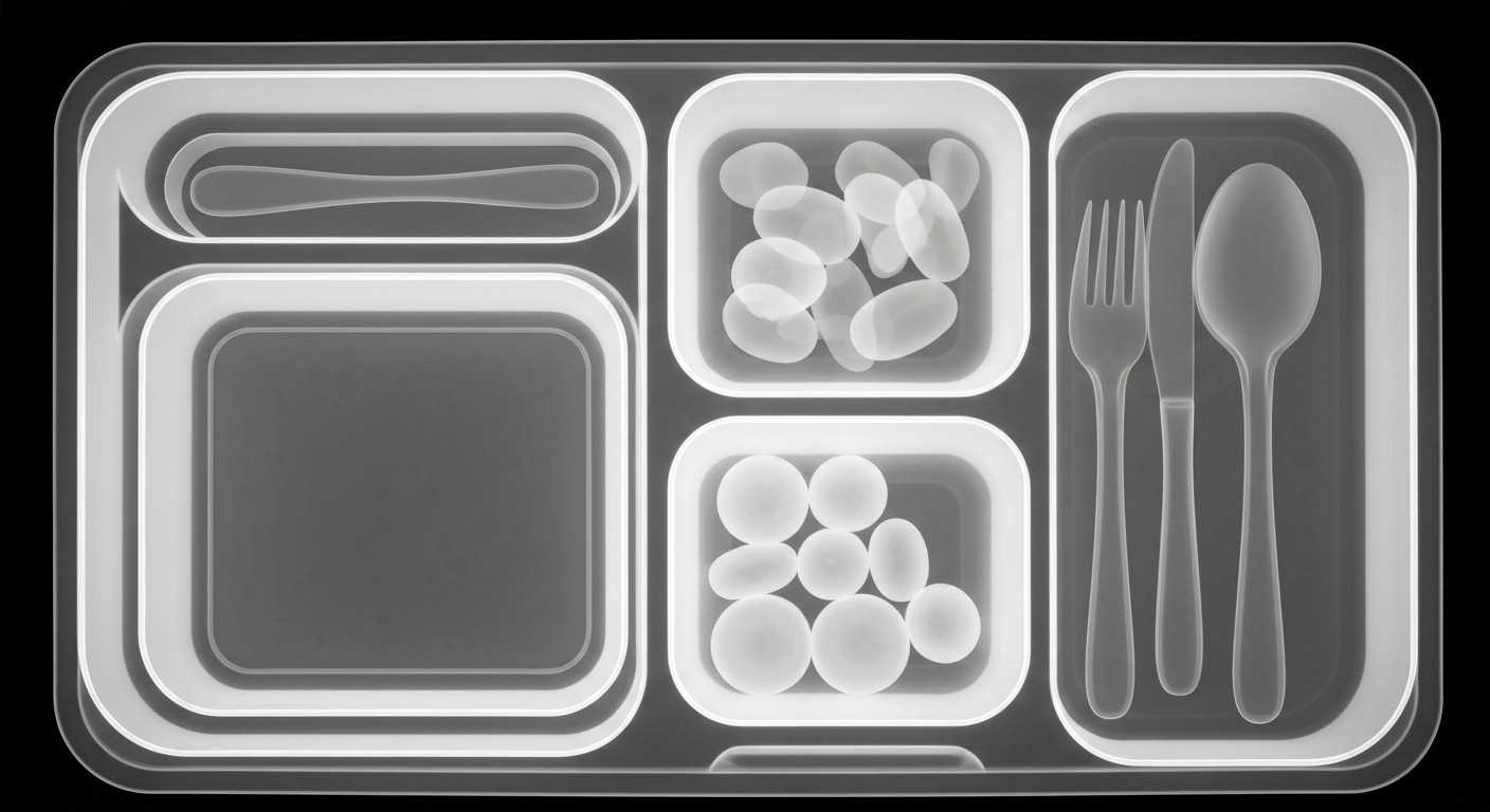 A ghostly, translucent X-ray photograph revealing the internal structure of a meal tray, with glowing lines defining the shapes of the food containers and utensils, conceptually illustrating the nourishing purpose of a senior nutrition program.