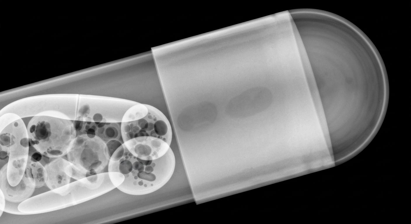 An extreme macro X-ray photograph showing the translucent internal structure of a dietary supplement capsule, conceptually representing the hidden allergens that led to a product recall.