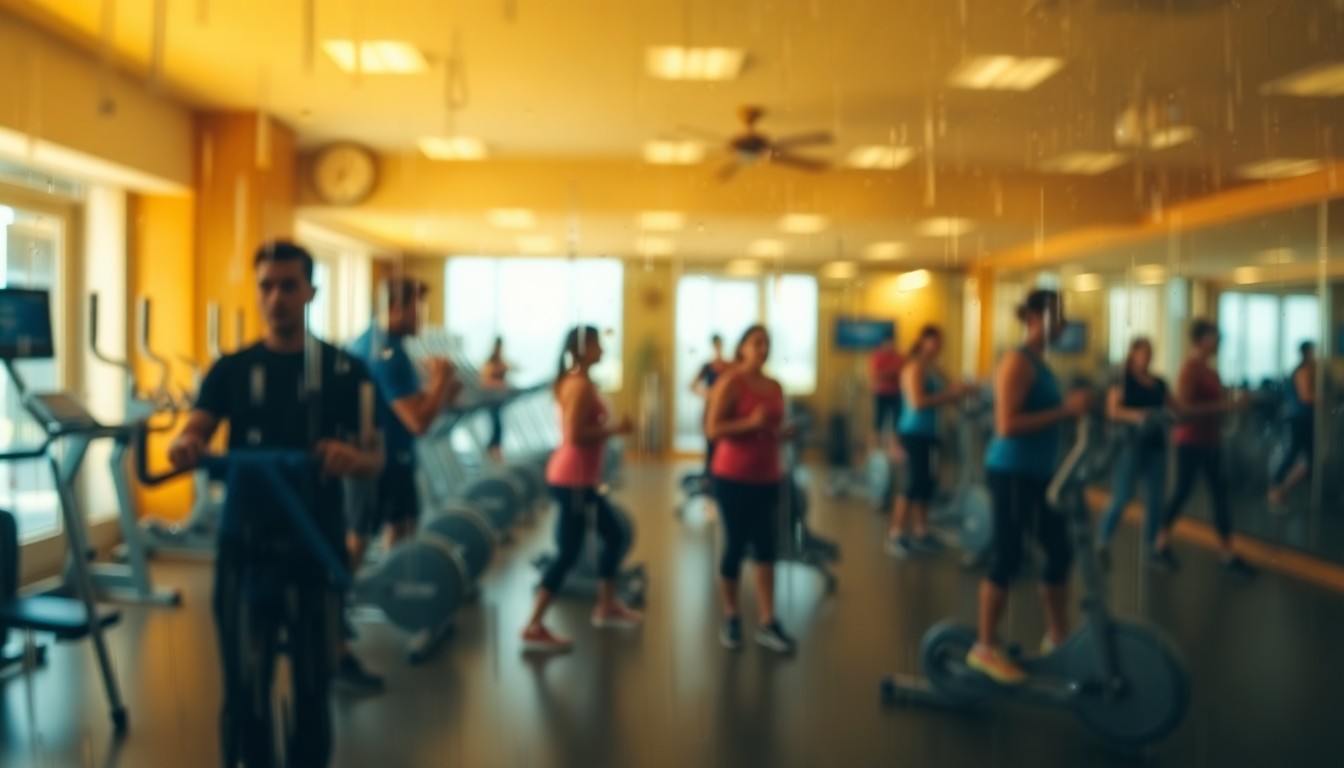 An abstract, impressionistic image of blurred, warm-toned figures exercising in a fitness center, captured through a hazy, rain-streaked lens, conveying the mood and emotion of the story.