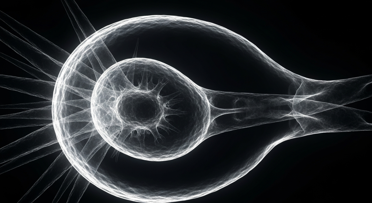 An extreme close-up, translucent X-ray photograph showing the internal structure of a tuberculosis bacterium as a glowing, ghostly outline against a dark background, conceptually illustrating the bacteria's stealthy evasion of the immune system.