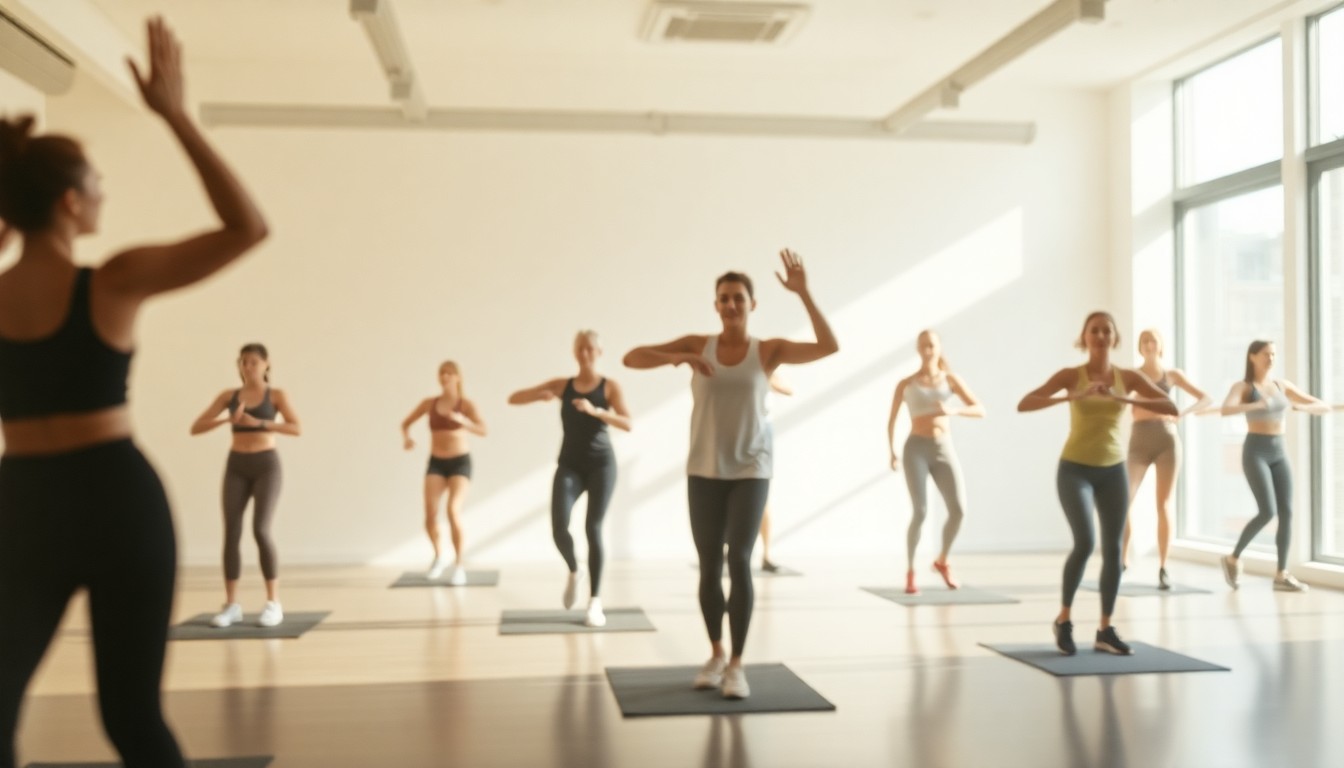 An abstract, out-of-focus photograph depicting silhouettes of people engaged in various fitness activities inside a modern, minimalist studio space, with warm, hazy pools of light and color creating a sense of energy and movement.