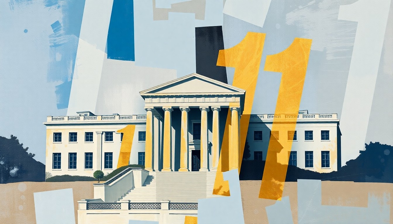 A dynamic, abstract painting featuring overlapping, geometric shapes in shades of blue, grey, and gold, conveying a sense of political upheaval and fragmentation.