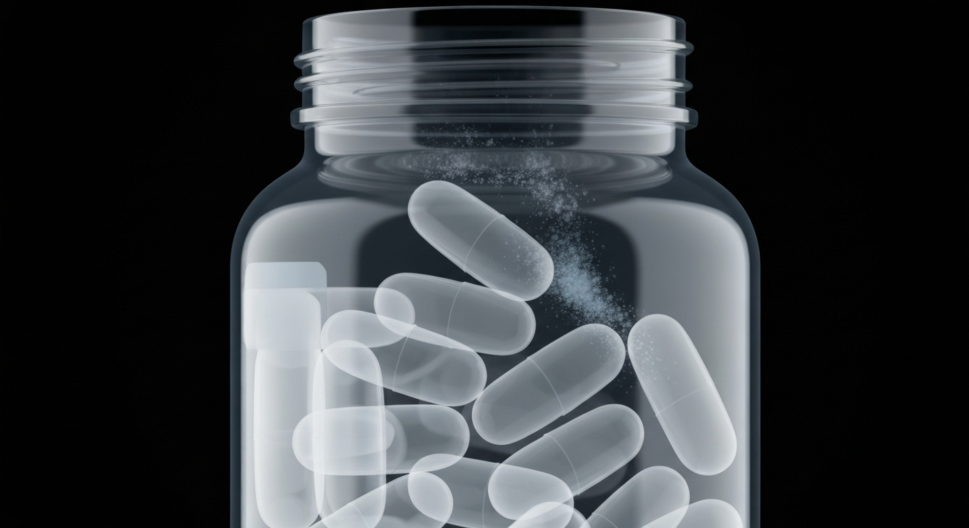 A ghostly, translucent X-ray image revealing the internal structure of a dietary supplement bottle, with the capsules and powder glowing as faint lines against a dark background, conceptually illustrating the hidden allergens that prompted the nationwide recall.