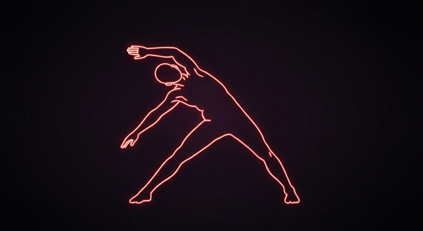 A vibrant, neon outline of a person stretching their arms overhead, the glowing lines defining the shape and movement against a dark, shadowy background, conceptually representing the power of basic, consistent physical activity.