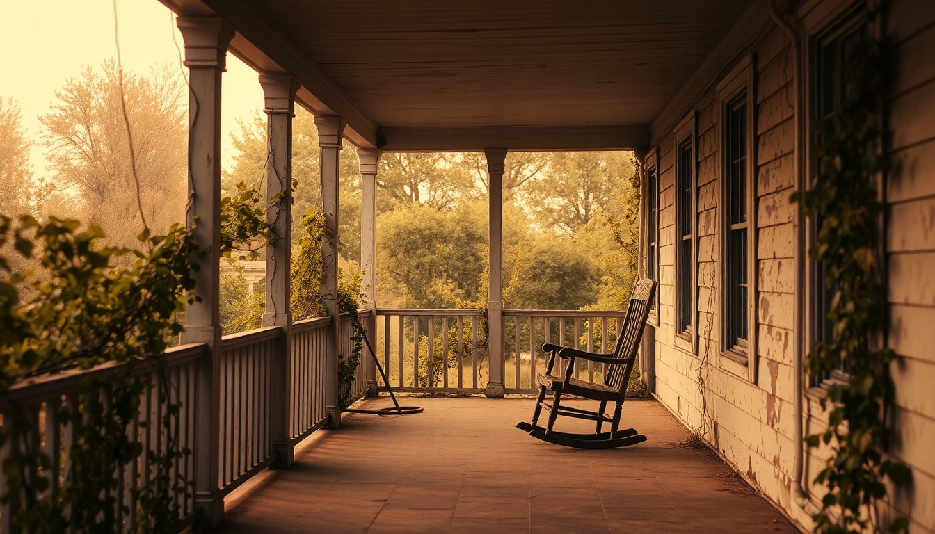 An extremely abstracted, out-of-focus photograph in soft, warm tones depicting the porch of an abandoned home, with peeling paint, overgrown vines, and a single rocking chair, conceptually illustrating the haunting beauty and forgotten histories of these neglected dwellings.